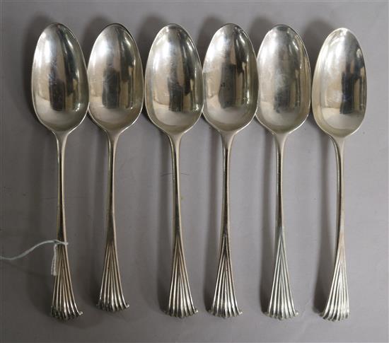 A set of six George III silver Onslow tablespoons, marks rubbed, 13 oz.